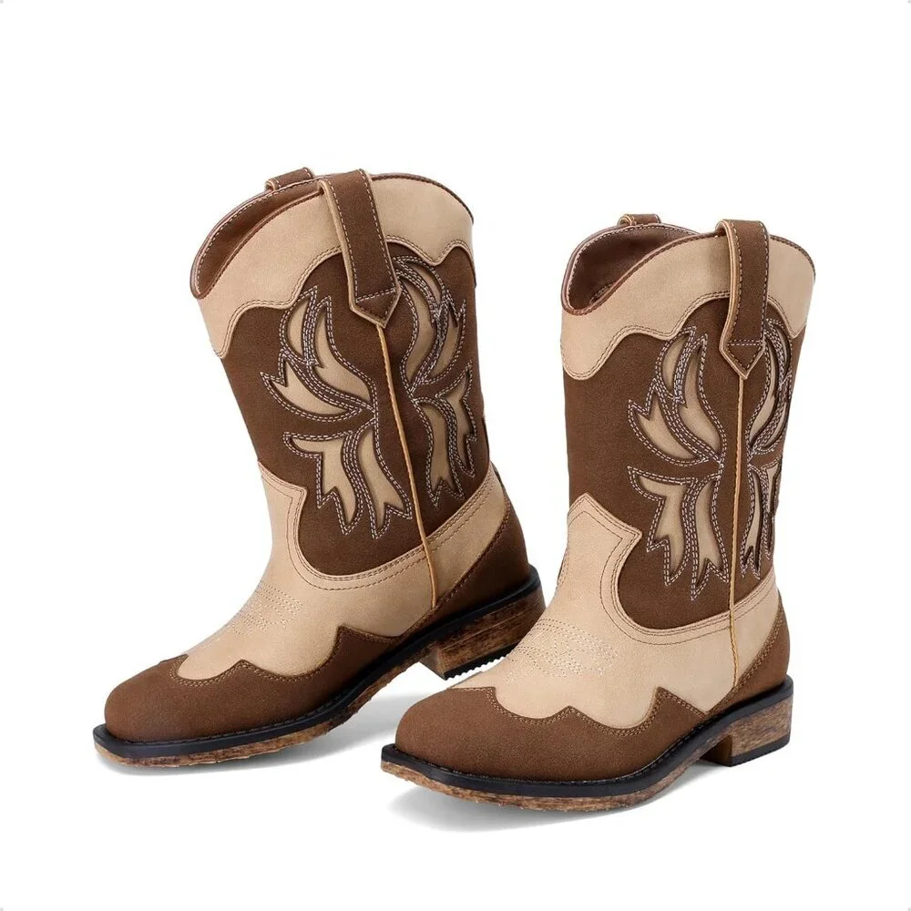 ⚡Girls Brown Camo Square Toe Mid Calf Cowgirl Boots Western Fashion Riding Shoes